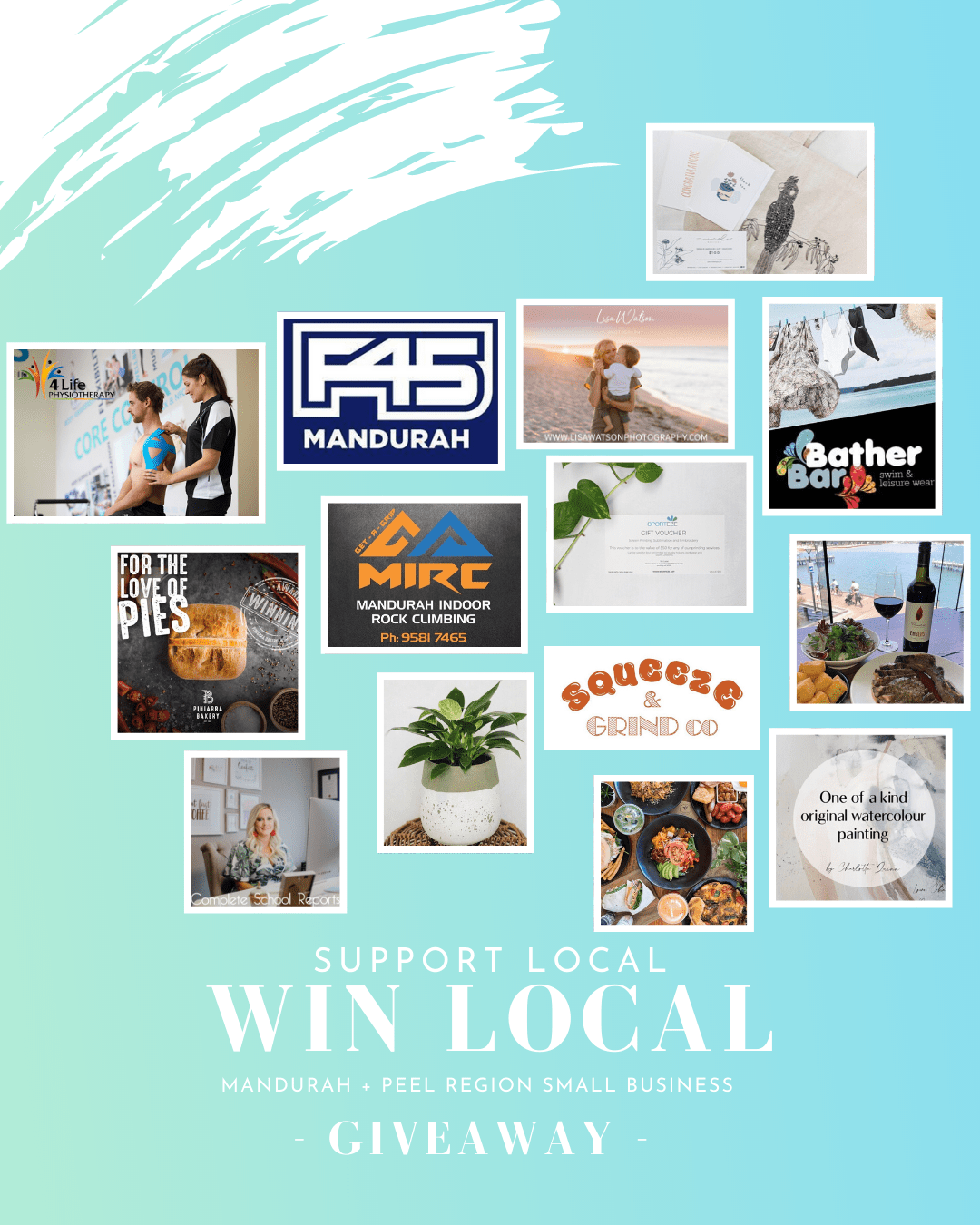SUPPORT LOCAL - WIN LOCAL 🙌🏼 It’s been tough for small businesses over the past few months but we have all stayed strong because of the support we have received from you and our amazing community. 💙 To recognise our awesome town and the fantastic small businesses we have around us, we are giving you the chance to win the following: WIN: 👇🏻 @4lifephysiotherapy : $150.00 voucher @f45training_mandurah : 1 month free training worth $280.00 @lisawatsonphotography : $150.00 towards a beach photoshoot portrait session @vindidesigns : A tote bag, gift cards and $100.00 design services voucher @thebatherbar : $50.00 voucher and a beach pack @pinjarra_bakery : $50.00 voucher @lovechardesigns : a custom one off painting valued at $120.00 @sportezemandurah : $50.00 for printing or printing embroidery @mandurah_indoor_rock_climbing : 1 month adult membership, harness hire included worth $110.00 @brewvinobar : $50.00 voucher @completeschoolreports : 6 month subscription, this is transferable to a primary school teacher you know valued at $50.00 @the.wandering.leaf : Plant and concrete pot worth $55.00 @squeezeandgrindco : $25.00 voucher @thehummingbirdwatersidecafe : $25.00 voucher Valued at over $1200! HOW TO ENTER: Make sure you are following every small business involved (14 accounts) Tag a mate