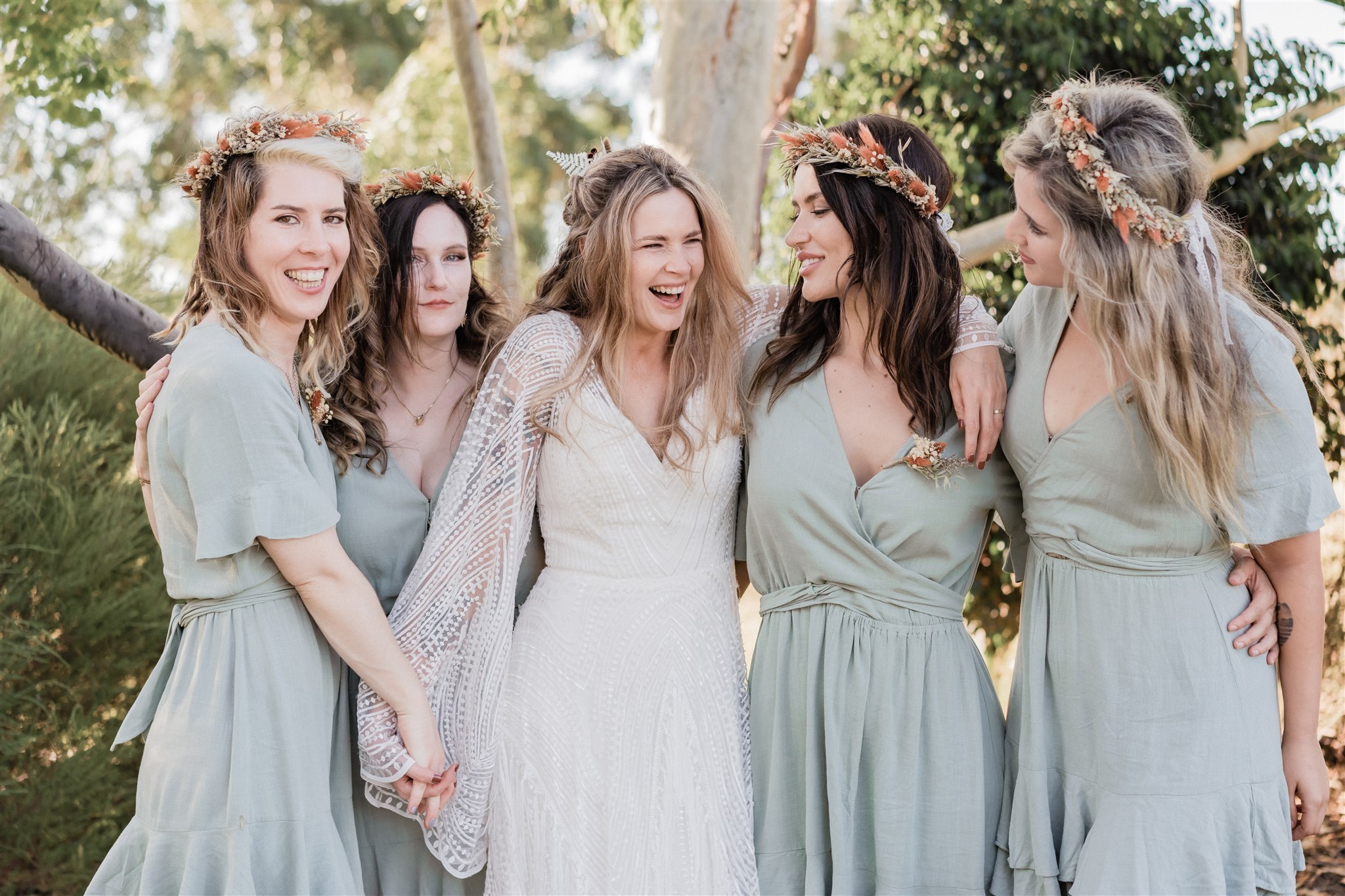 Bride with her bridesmaids at her gorgeous boho wedding held at the Baldivis Farm Stay / Country Charm Weddings south of Perth, captured by Perth wedding photographer Lisa Watson Photography